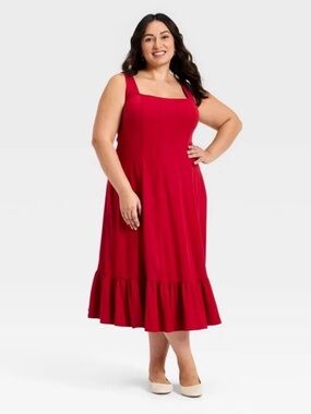 Ava & Viv Red Square Neck Midi Dress